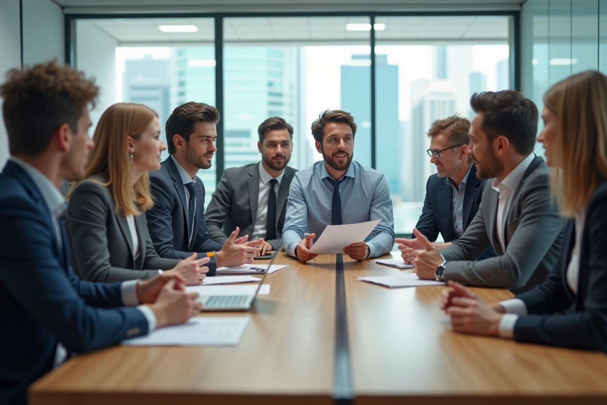 Groupe de professionnels en réunion dans un bureau lumineux