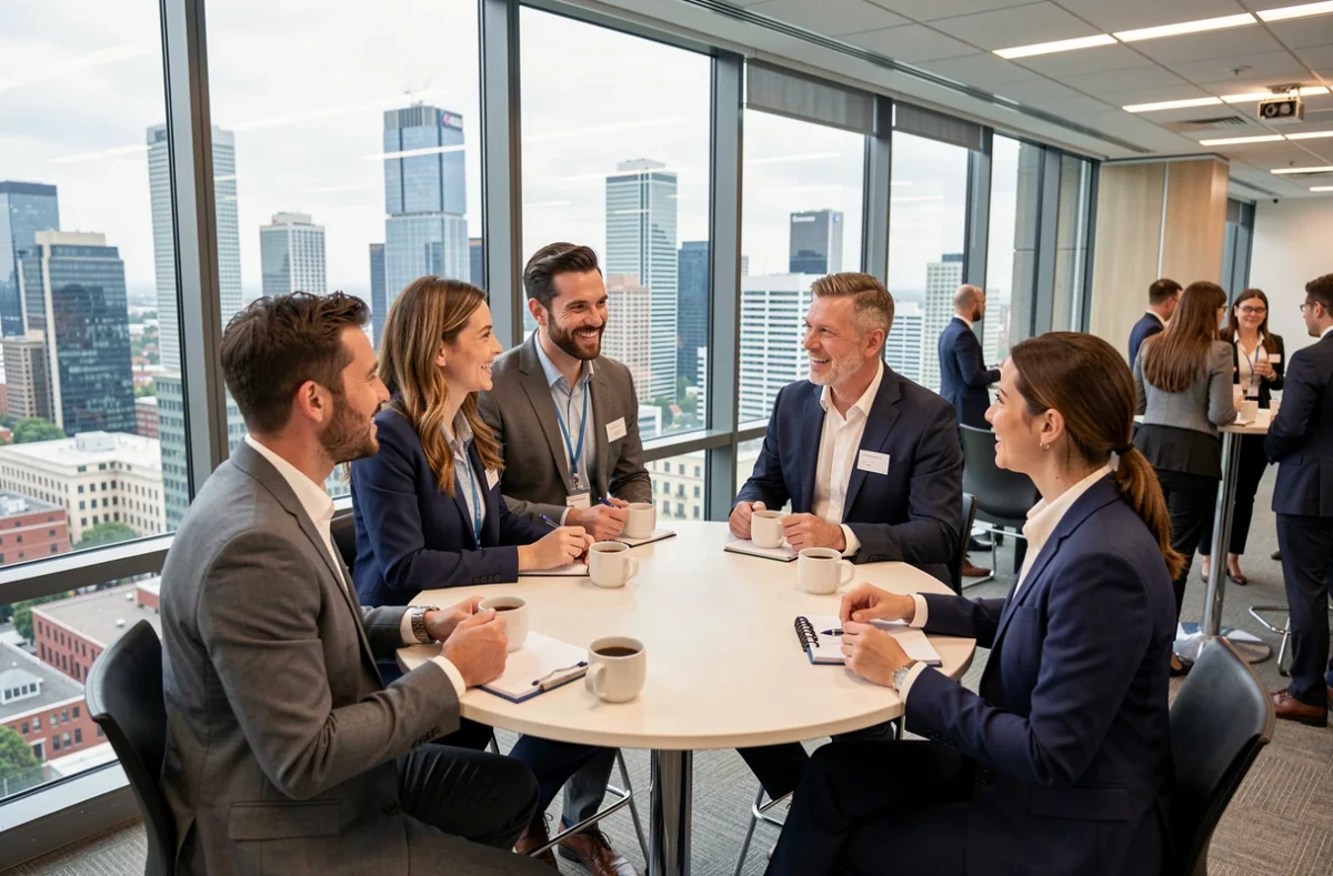 Groupe de professionnels en discussion animée autour d'une table haute lors d'un événement de networking B2B en entreprise