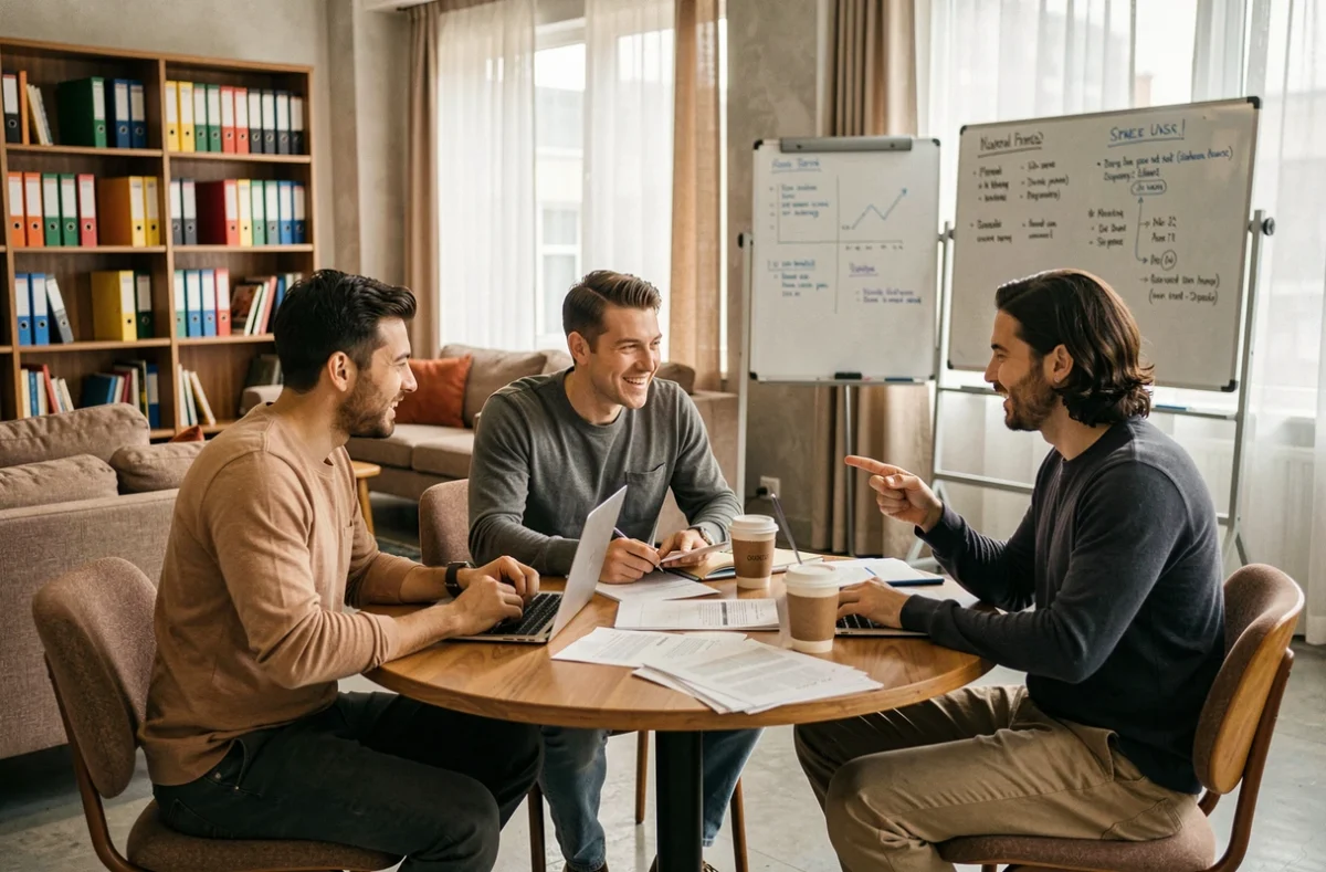 Groupe de professionnels en réunion informelle dans un espace lounge de coworking avec tableau blanc et étagères