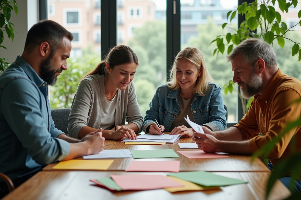 Groupe diversifié triant du papier recyclé dans un bureau écologique