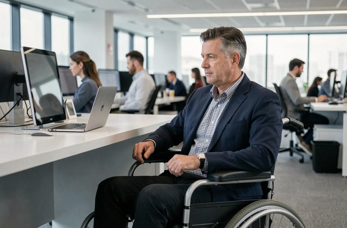 Employé en situation de handicap travaillant dans un bureau moderne, illustrant la protection contre la discrimination professionnelle selon l'article L1132-1