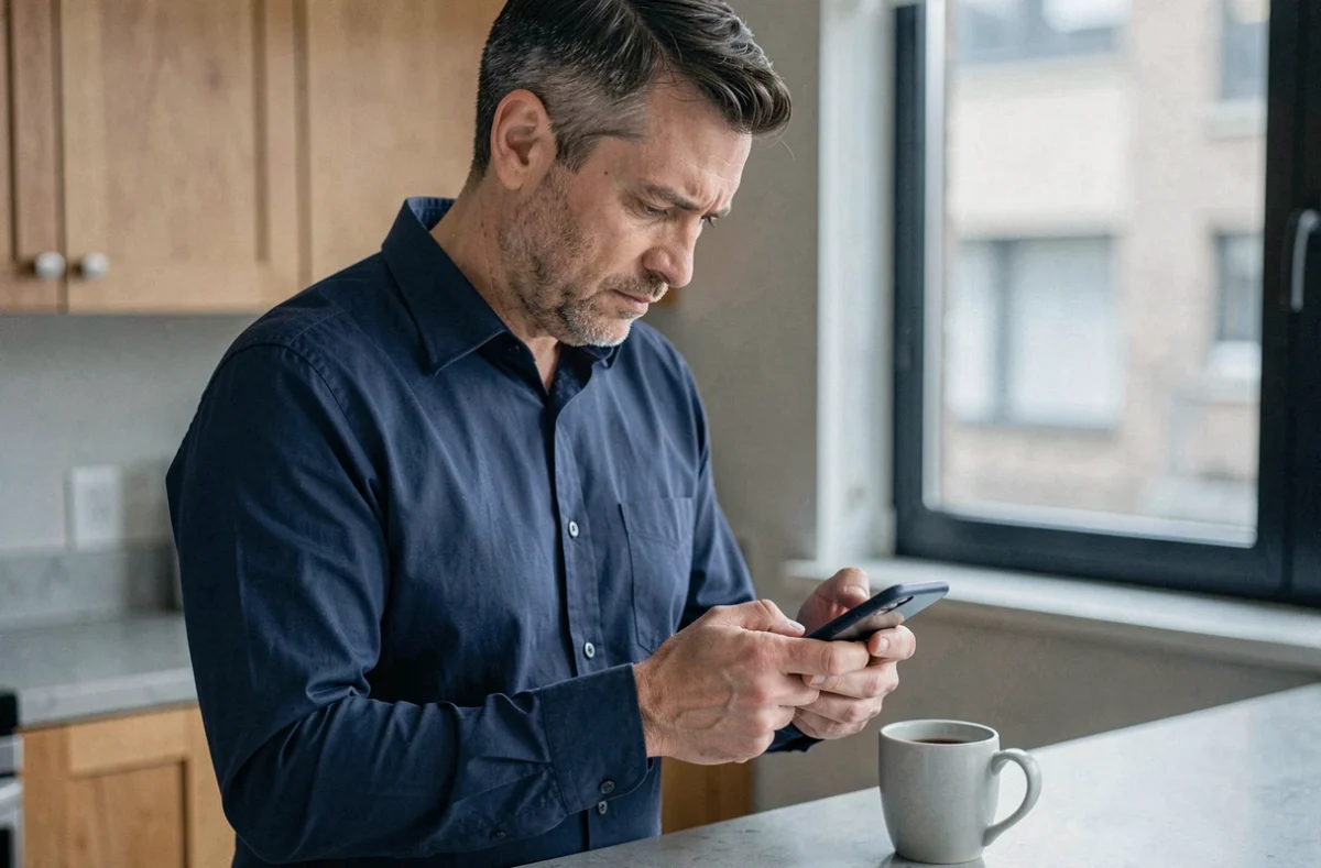 Homme accédant à ses documents sur Coffreo via smartphone dans une cuisine moderne