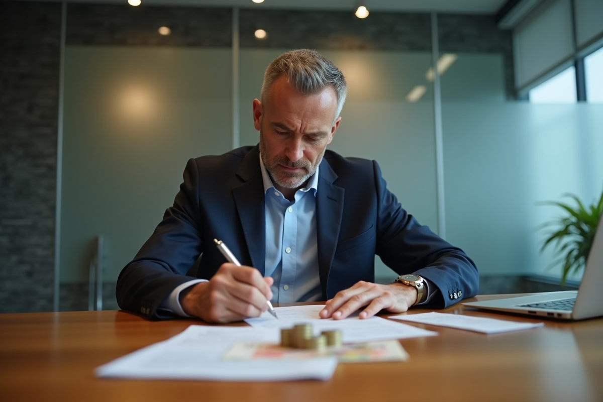 Homme d'affaires regardant des euros sur un bureau