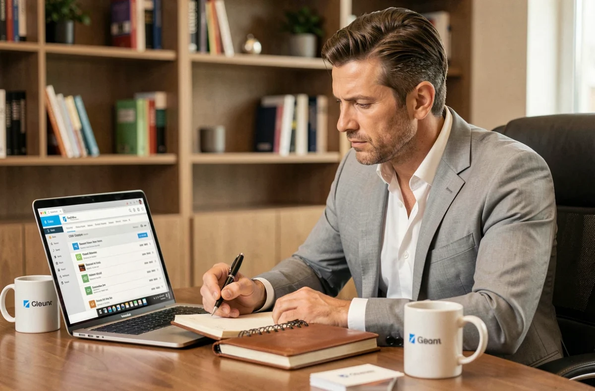 Homme d'affaires consultant une liste de contacts B2B sur un ordinateur portable dans un bureau professionnel moderne