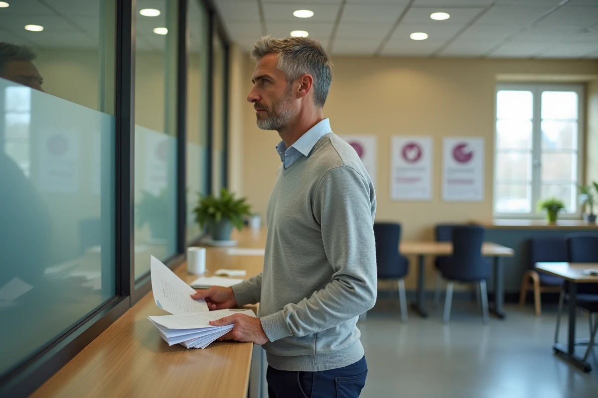 Homme en pull gris déposant ses dossiers dans une agence pour l'emploi après une rupture conventionnelle