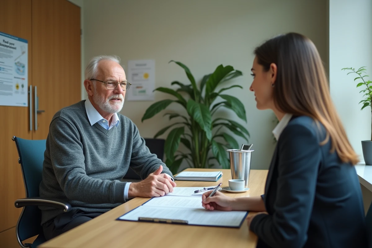 Homme bénéficiant d'un accompagnement gratuit dans un bureau d'aide sociale pour une démarche CAL