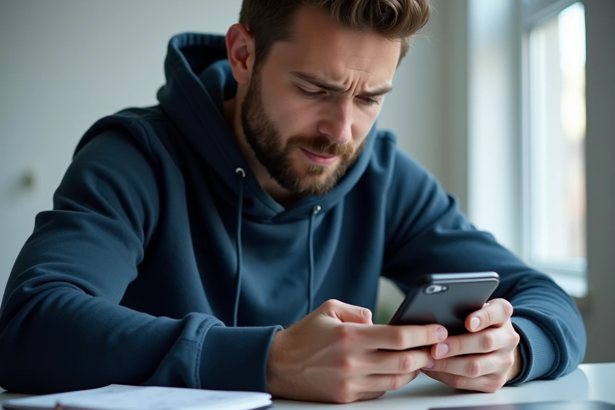 Homme consultant son application bancaire sur smartphone découvrant un paiement non reconnu lié à Shein ou Infinite Remit Services