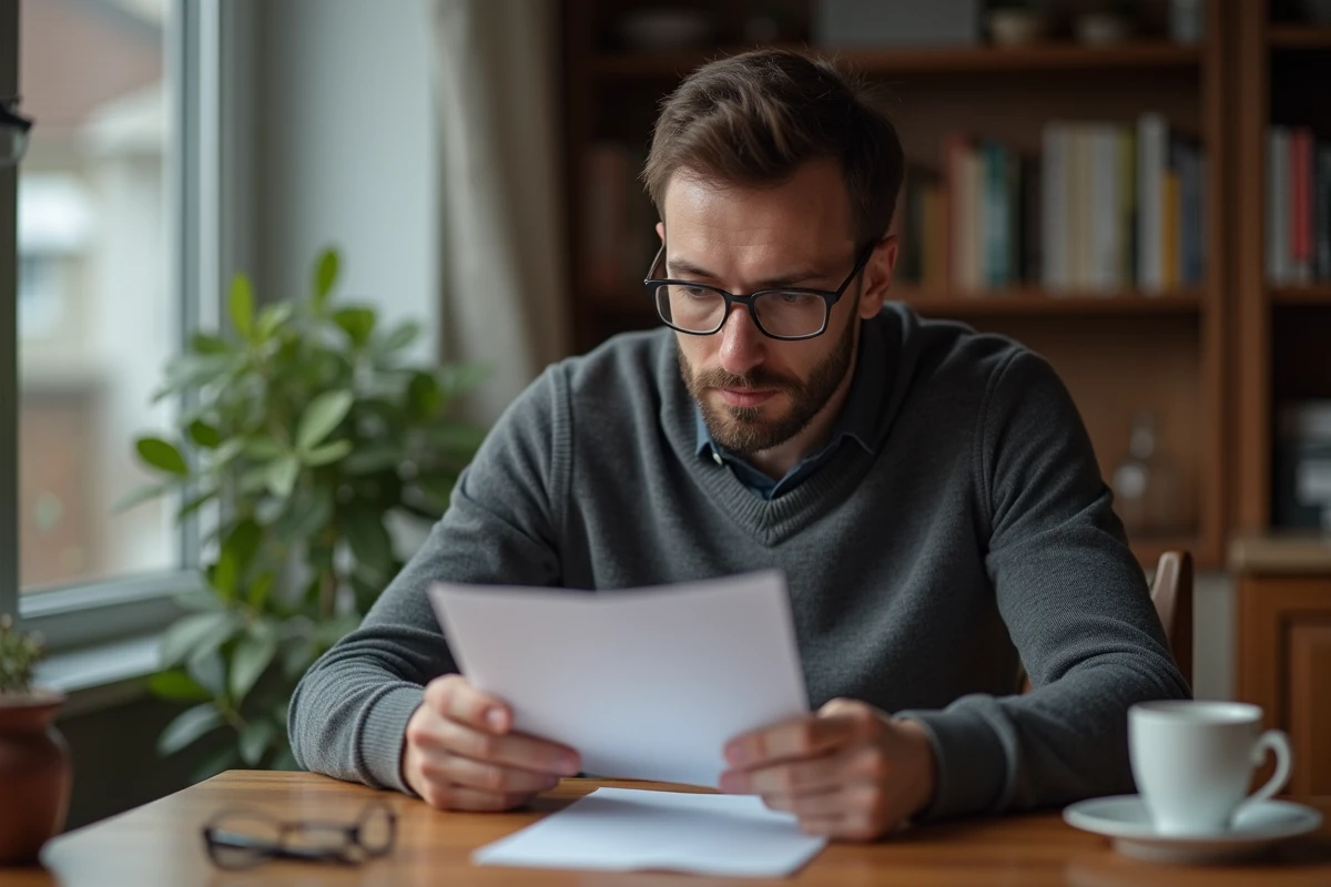 Homme en arrêt maladie lisant seul chez lui un courrier officiel de rupture conventionnelle avec une expression pensive