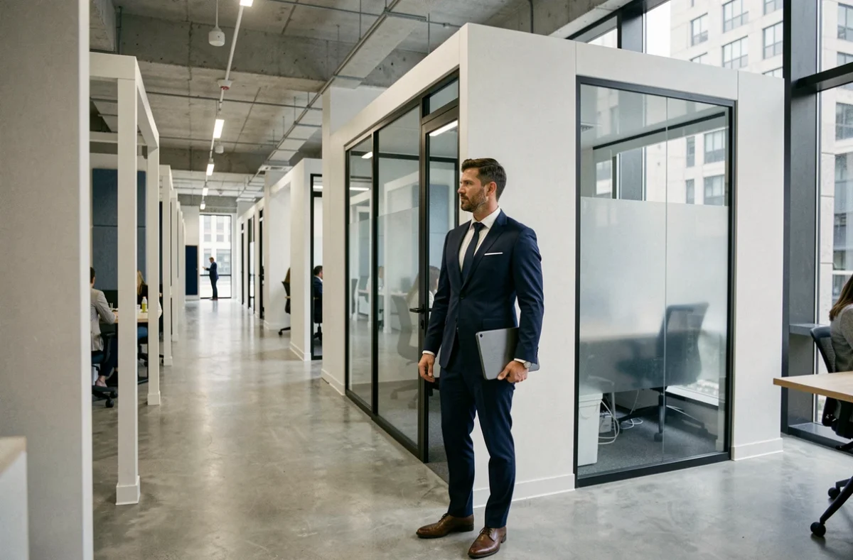 Homme en costume devant une cabine de bureau privée dans un centre de coworking contemporain
