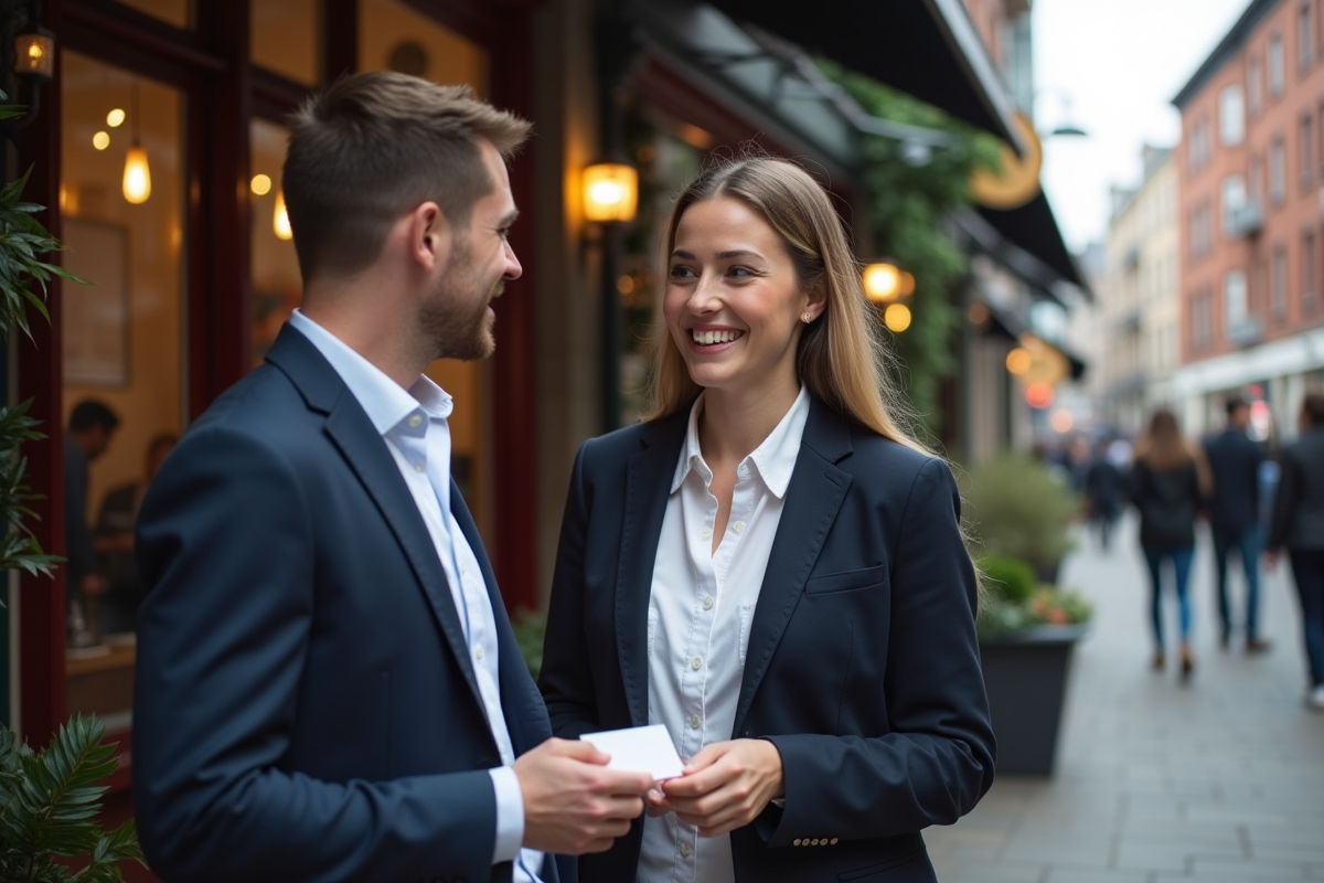 Homme échangeant une carte dans un café urbain