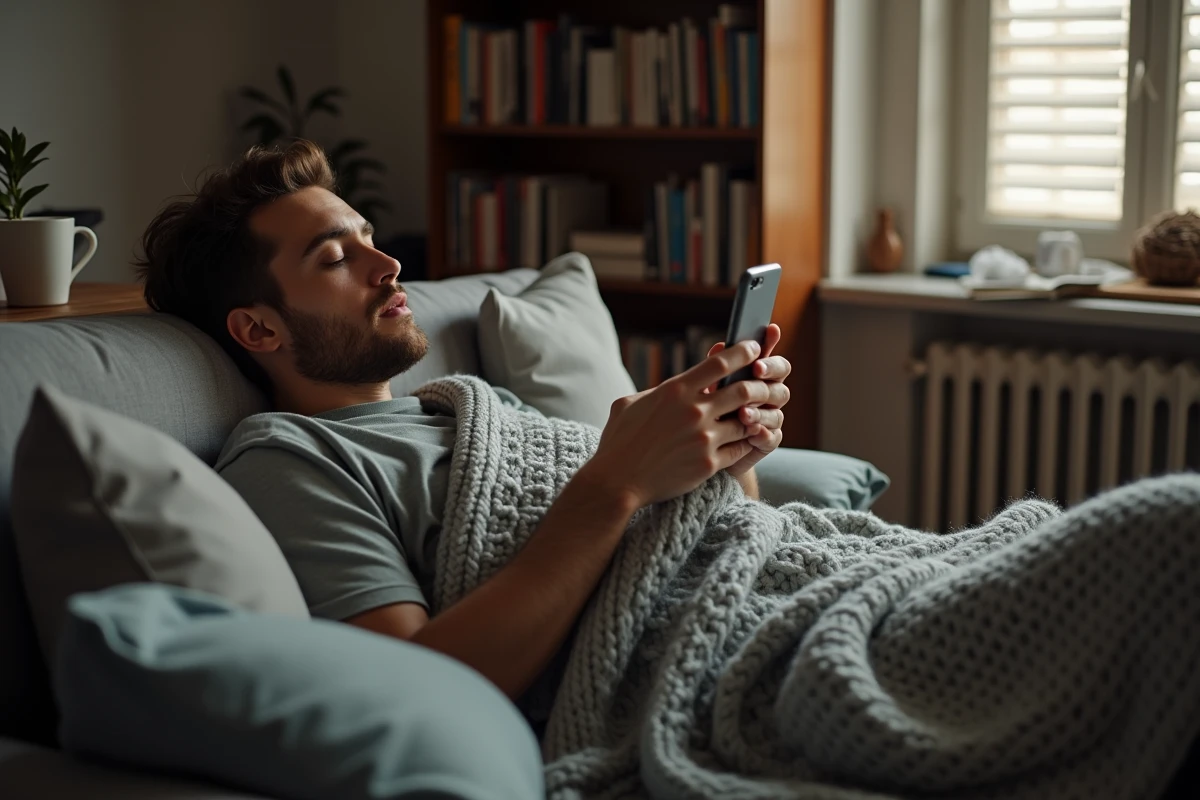 Homme allongé sur un canapé sous un plaid envoyant un message d'excuse à son employeur pour ne pas aller travailler