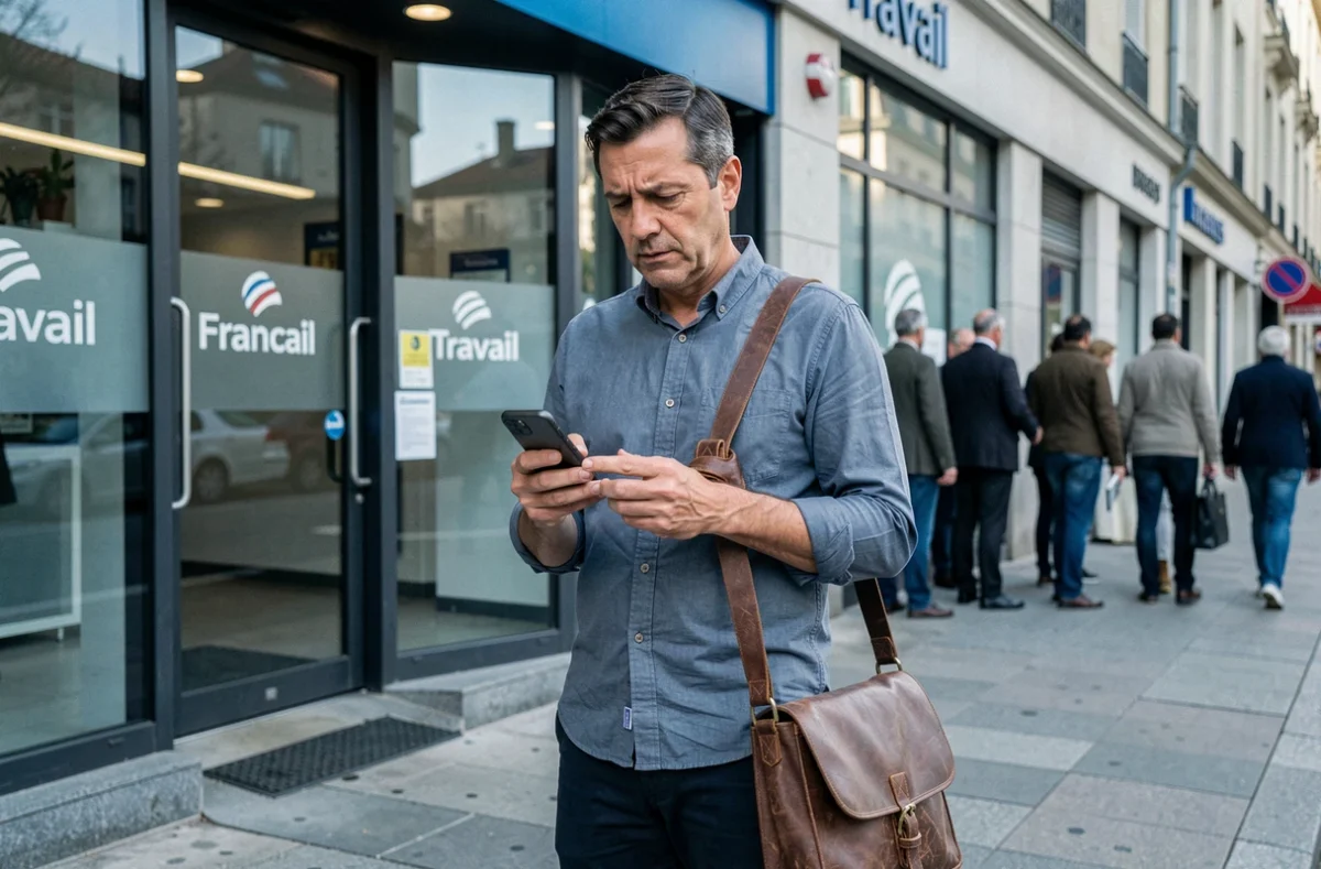 Homme consultant son téléphone devant l'entrée d'une agence France Travail
