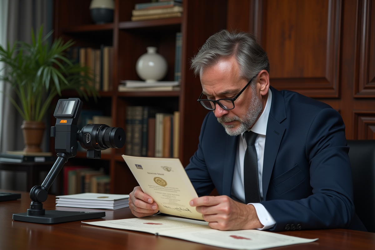 Homme d'affaires examine un certificat avec loupe dans un bureau