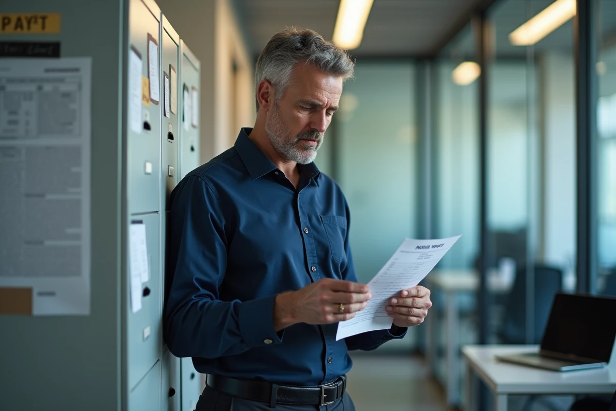 Homme tenant une fiche de paie devant un classeur dans un bureau administratif en questionnant ses droits