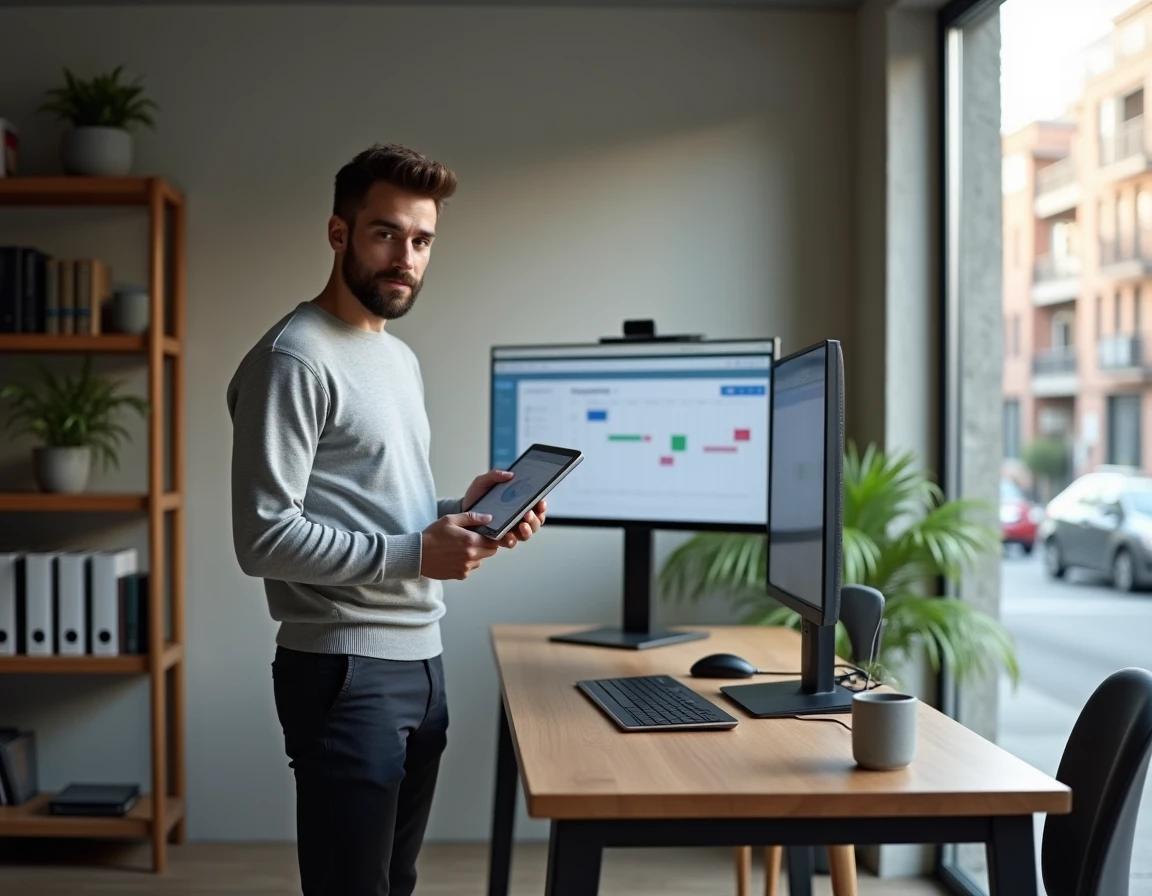 Homme debout à son bureau home office gérant son agenda professionnel sur tablette et écran