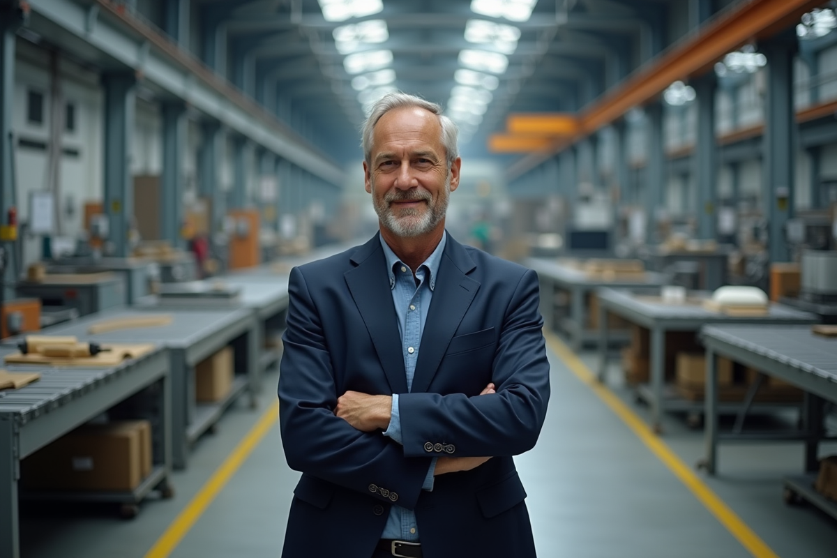 Homme en blazer dans une usine moderne confiant