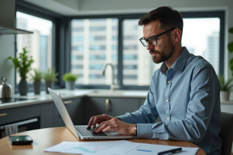 Homme d'âge moyen travaillant sur son ordinateur dans un appartement moderne