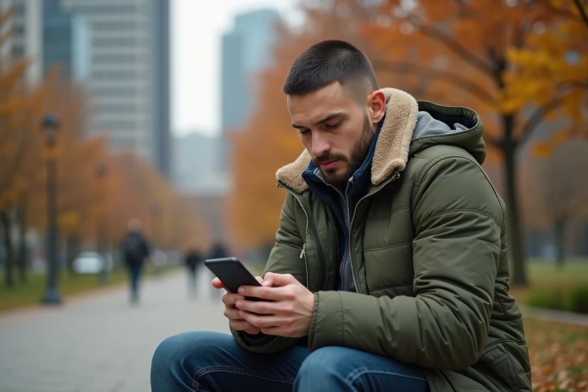Jeune homme consultant son téléphone dans un parc urbain après une rupture conventionnelle et recherche d'emploi