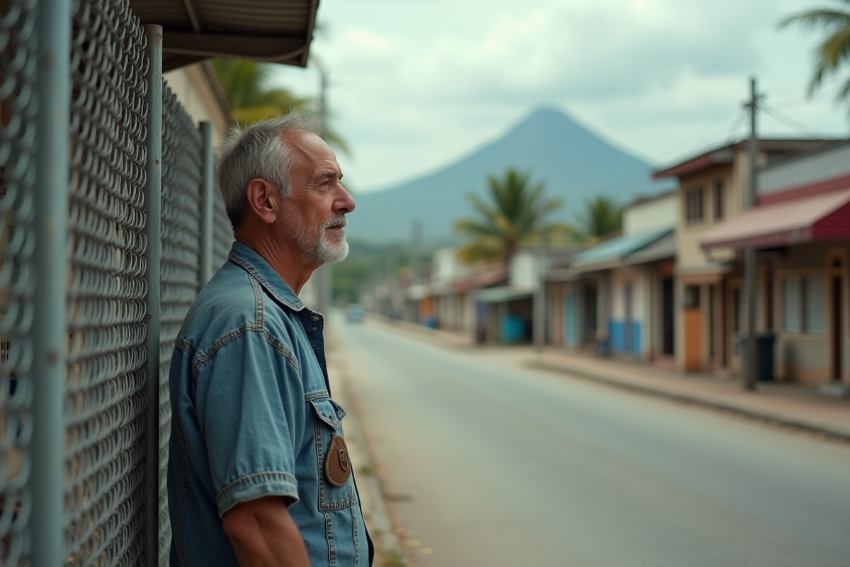Homme d'âge moyen debout près d'une barrière à un arrêt de bus à La Réunion