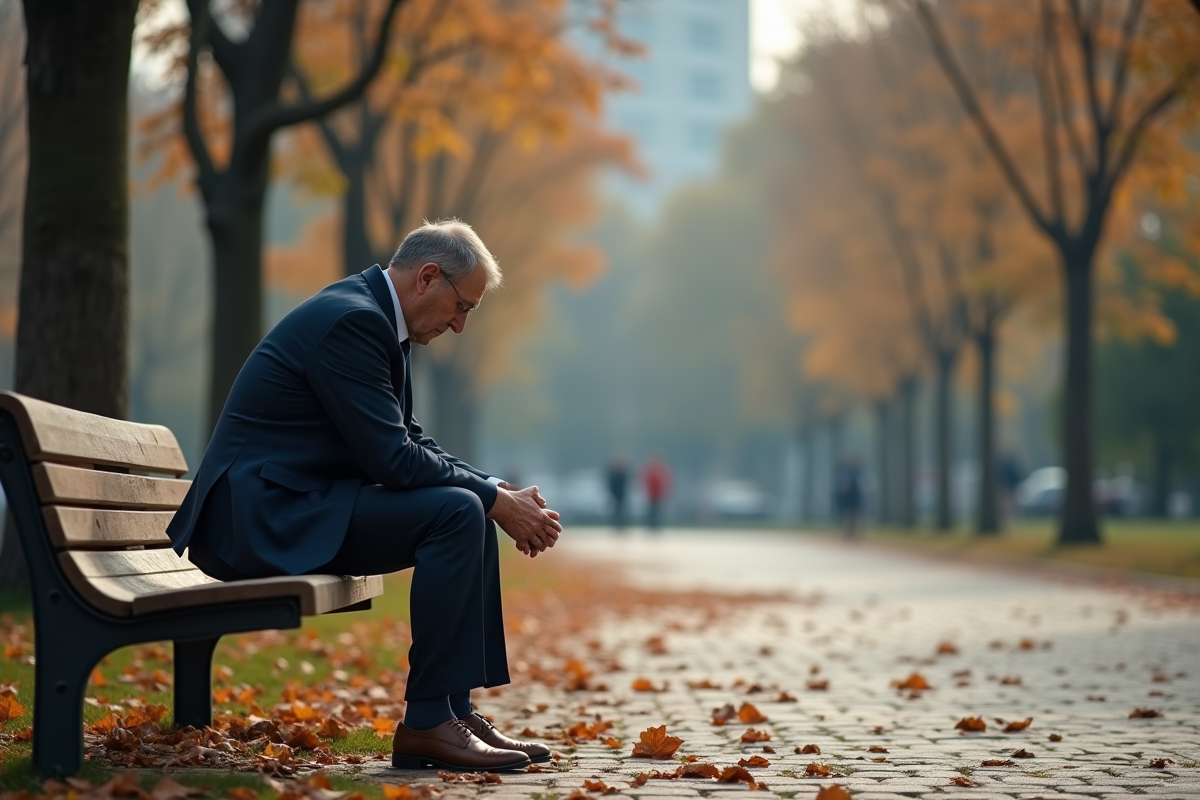 Homme d'affaires seul sur un banc en parc automne