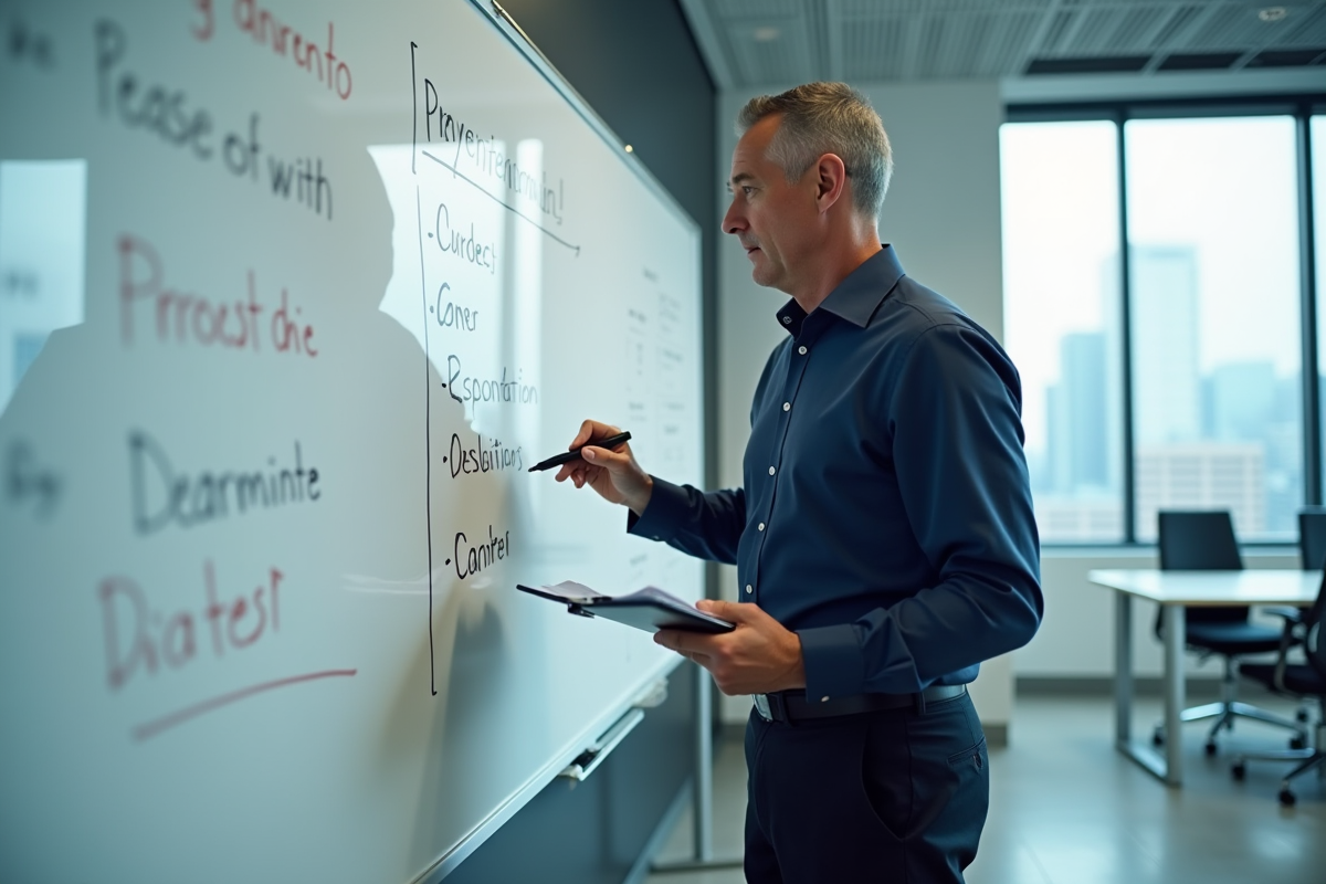 Homme en réunion marquant un tableau blanc avec un marqueur