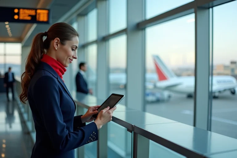 Hôtesse de l'air Air France consultant l'intranet Intraligne sur une tablette à un comptoir d'embarquement en 2026
