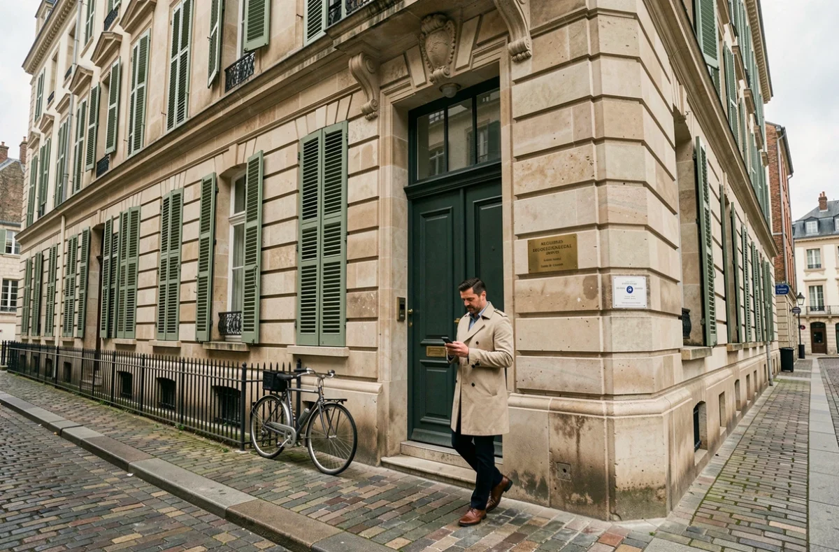 Façade d'immeuble haussmannien à Angers avec plaque de domiciliation d'entreprise en laiton
