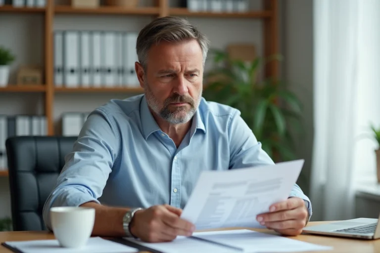 Travailleur indépendant consultant ses documents de cotisations Urssaf dans un bureau à domicile