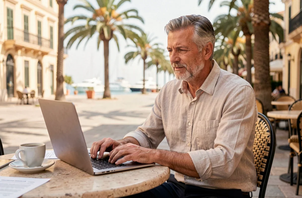 Travailleur indépendant en portage salarial consultant ses documents à une terrasse de café à Monaco