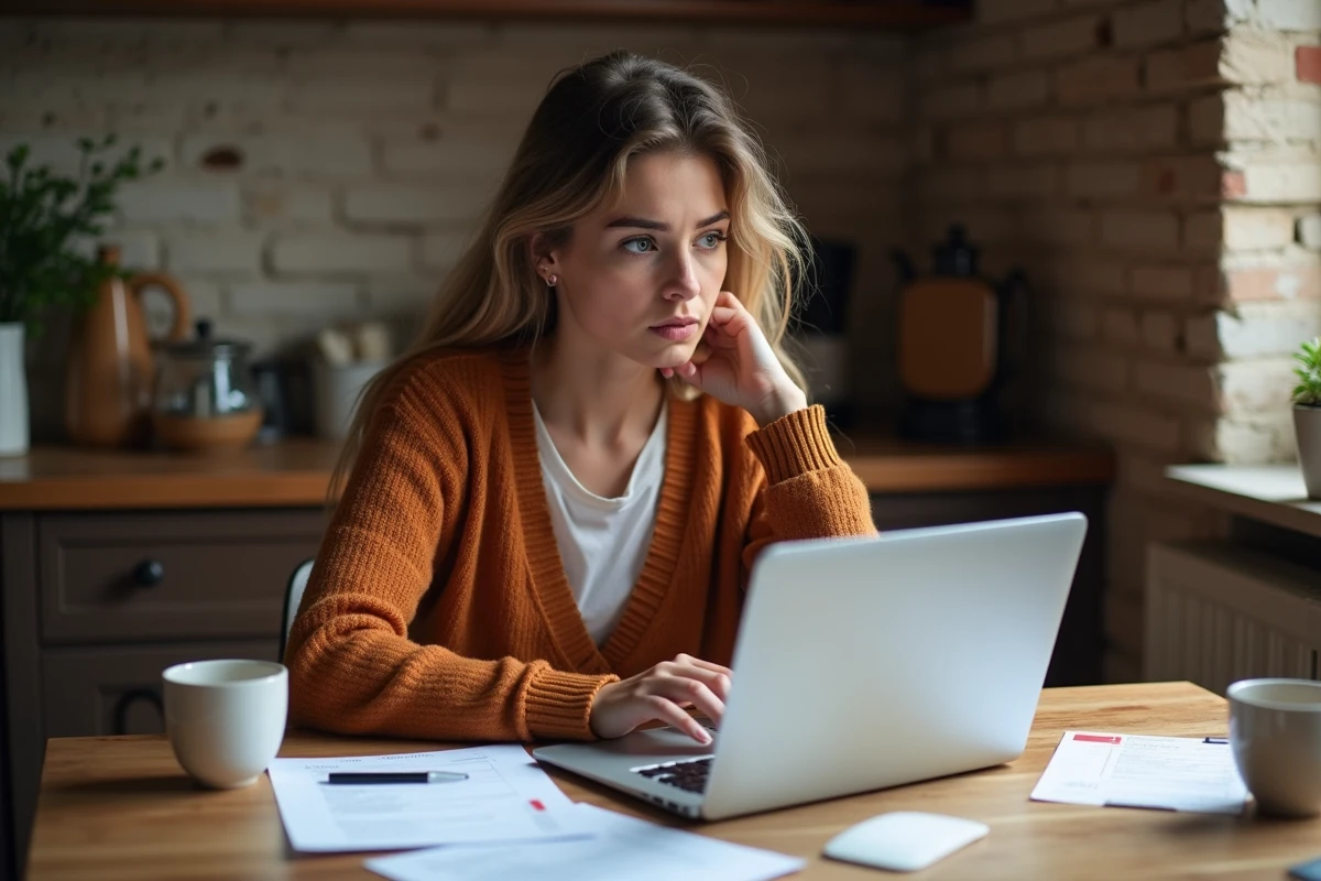 Travailleuse indépendante déclarant ses cotisations sociales en ligne depuis son appartement parisien