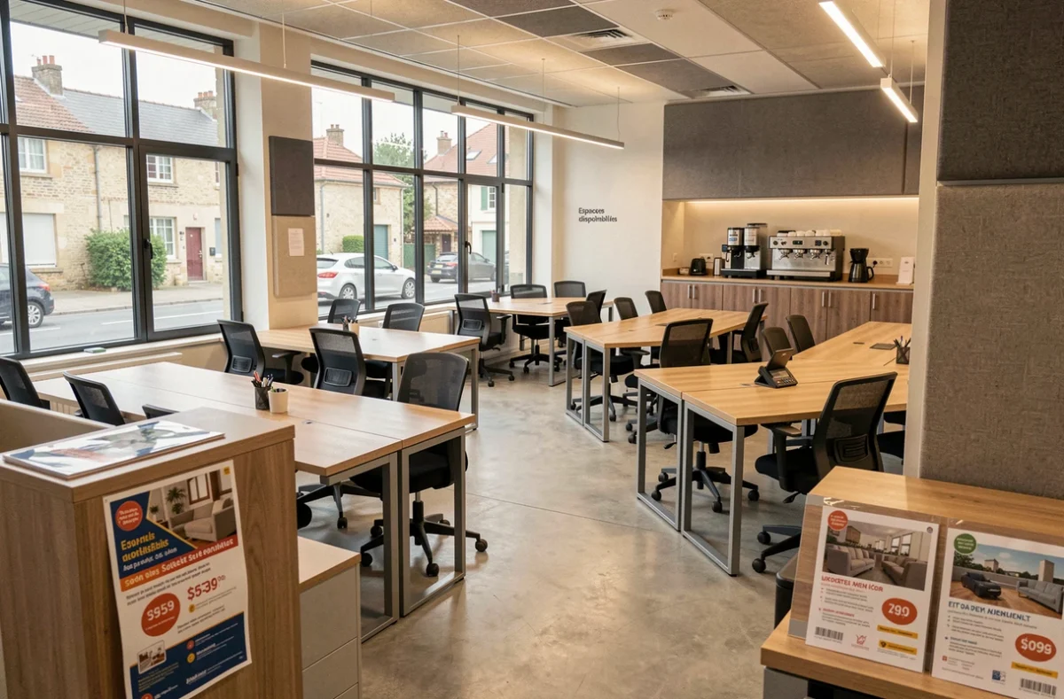 Intérieur d'un espace de coworking moderne avec bureau d'accueil et affichage des offres disponibles à Aulnay-sous-Bois