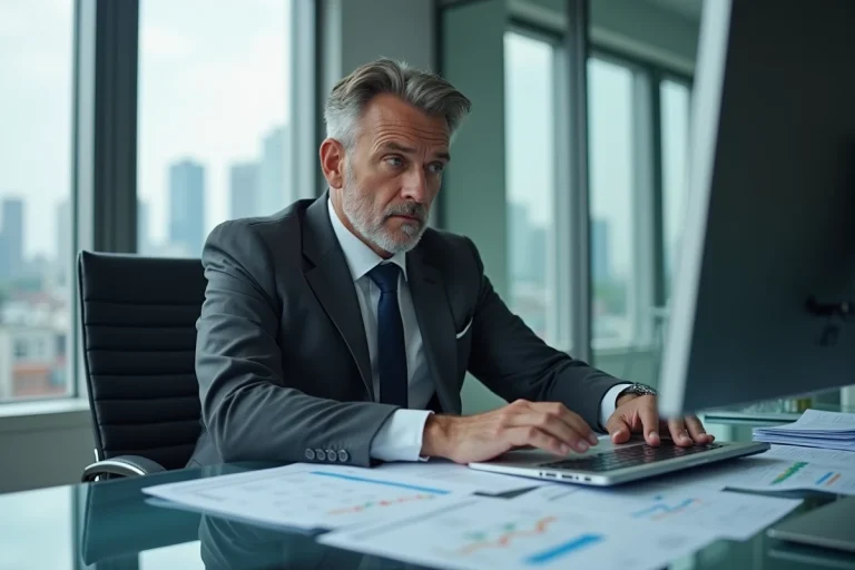 Investisseur en costume analysant des documents financiers complexes dans un bureau d'entreprise moderne, exprimant une préoccupation prudente face aux données boursières