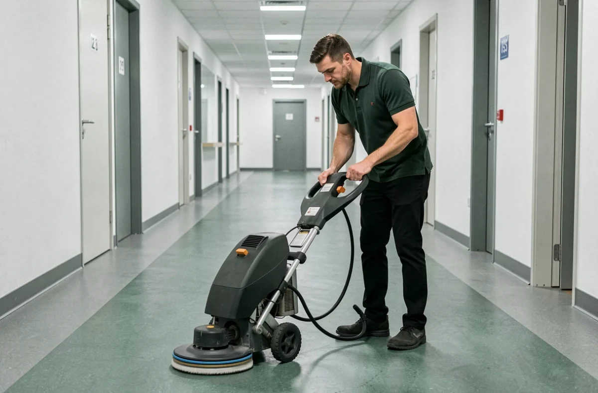 Agent JD Nettoyage utilisant une machine de lavage de sol dans un couloir professionnel dans le 91