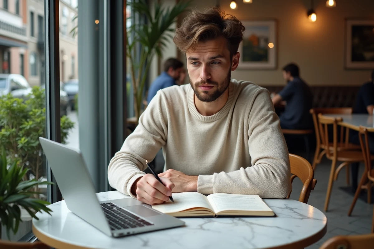 Jeune auto-entrepreneur prenant des notes sur les plafonds et conditions de statut 2026 dans un café