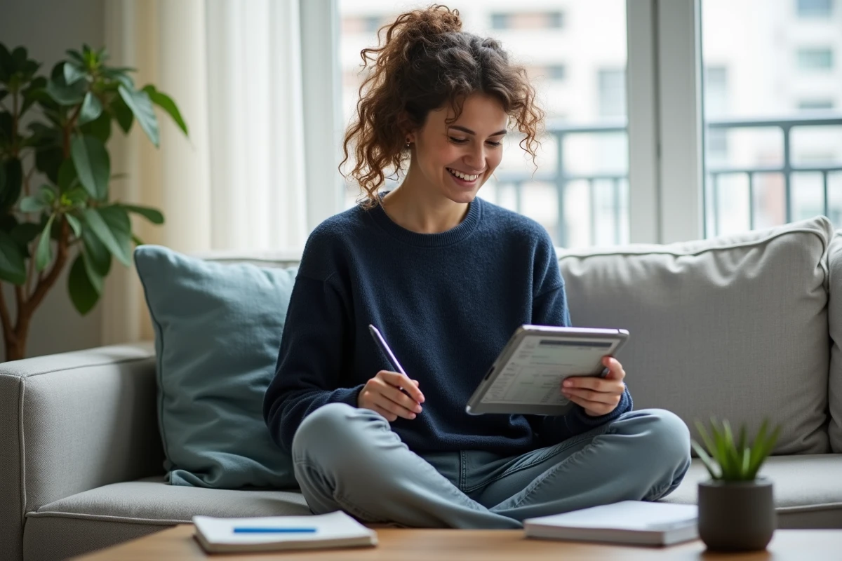 Jeune auto-entrepreneuse consultant un tableau de bord fiscal sur tablette depuis son domicile, en lien avec les plafonds de la micro-entreprise 2026
