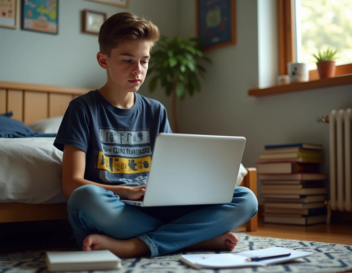 Adolescent utilisant un site de conversion de pouces en centimètres sur son ordinateur portable