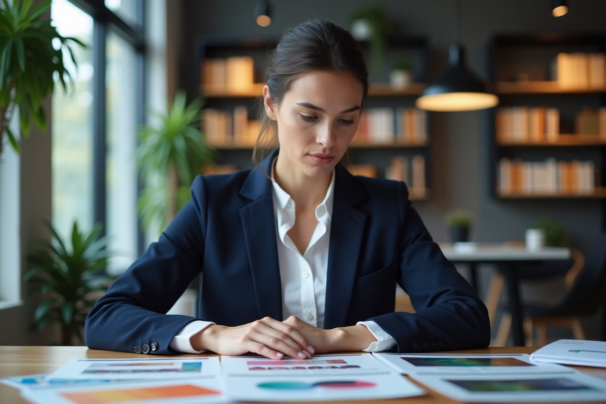 Jeune femme en blazer analyse des publicités colorées