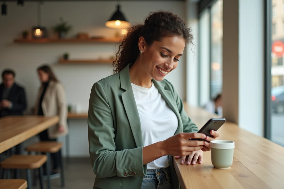 Jeune femme auto-entrepreneuse consultant une checklist de démarches sur son téléphone dans un café moderne en ville