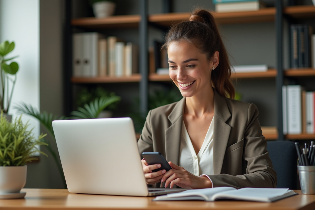 Jeune femme professionnelle travaillant sur son ordinateur et téléphone