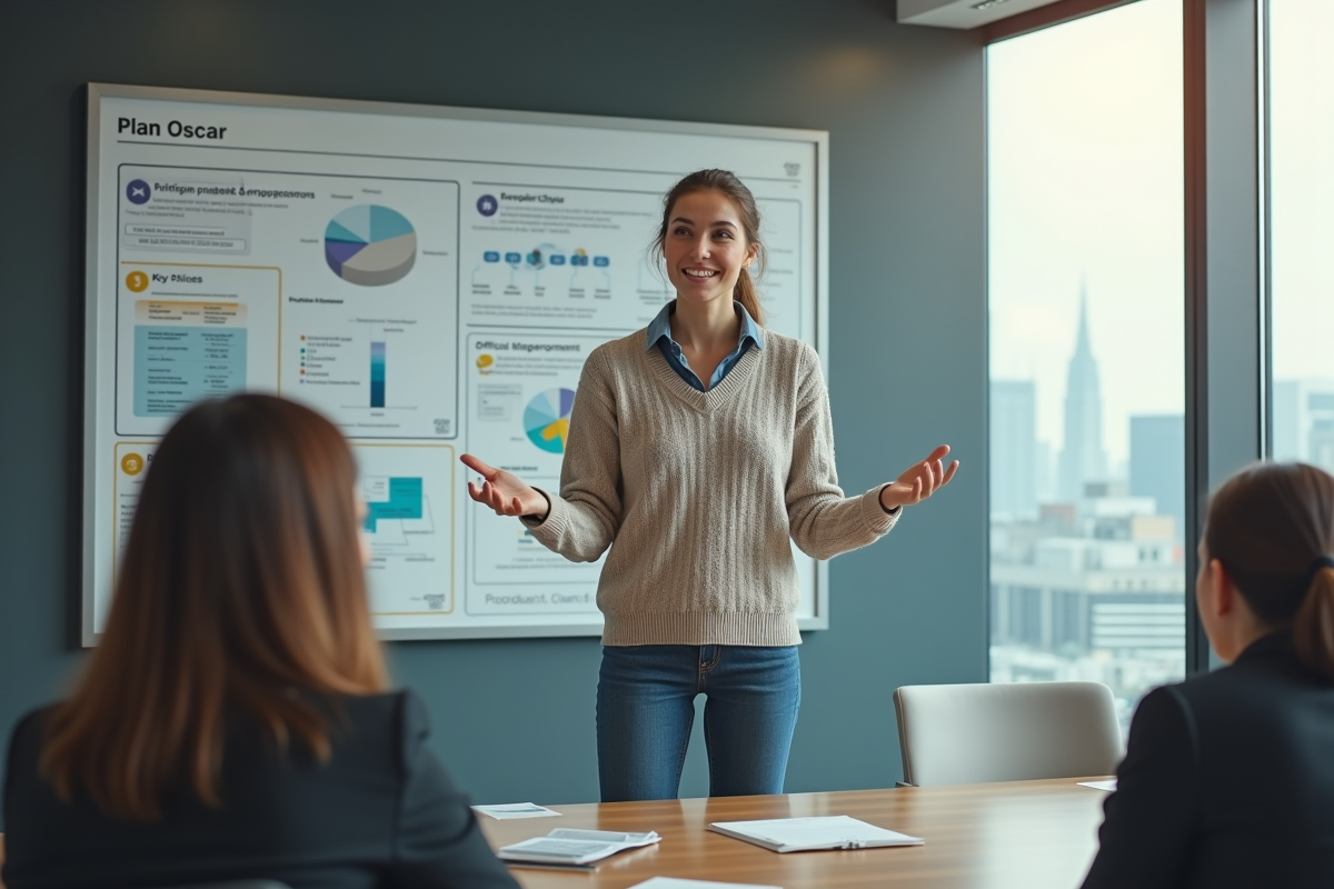 Jeune femme expliquant devant un tableau d