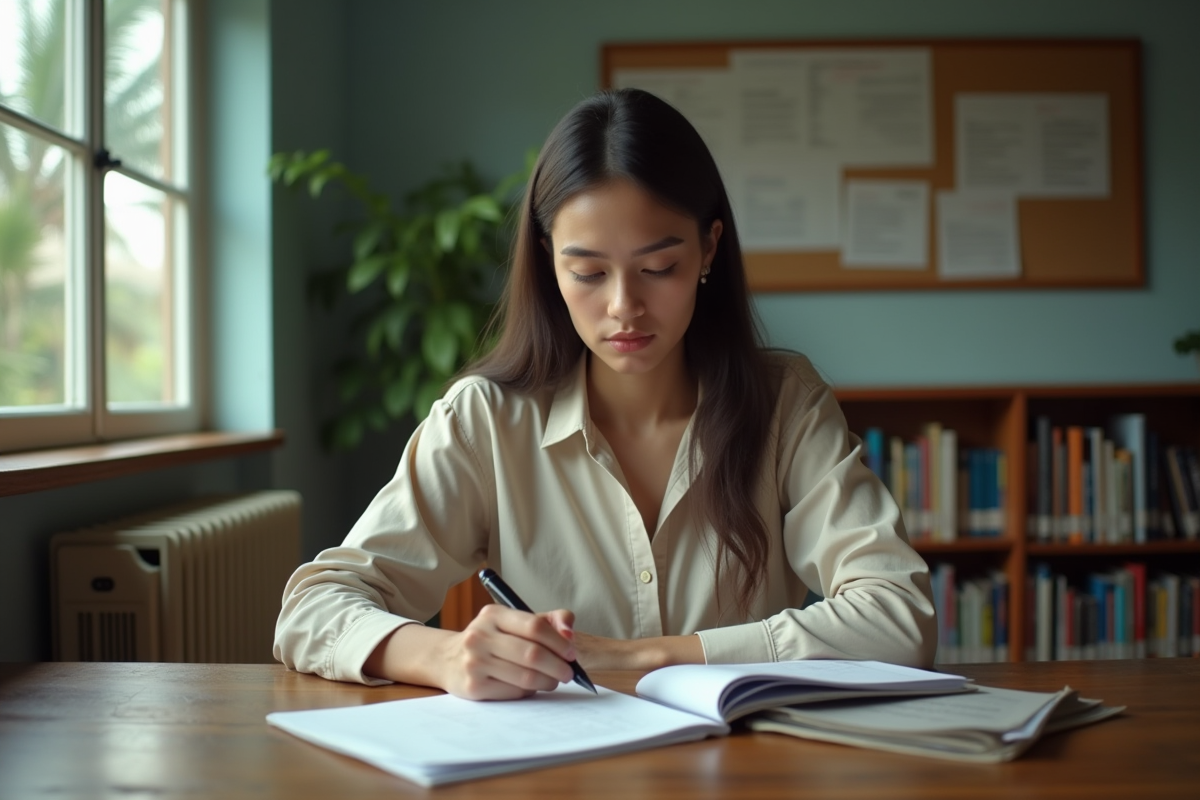 Jeune femme lisant des documents dans une bibliothèque à La Réunion
