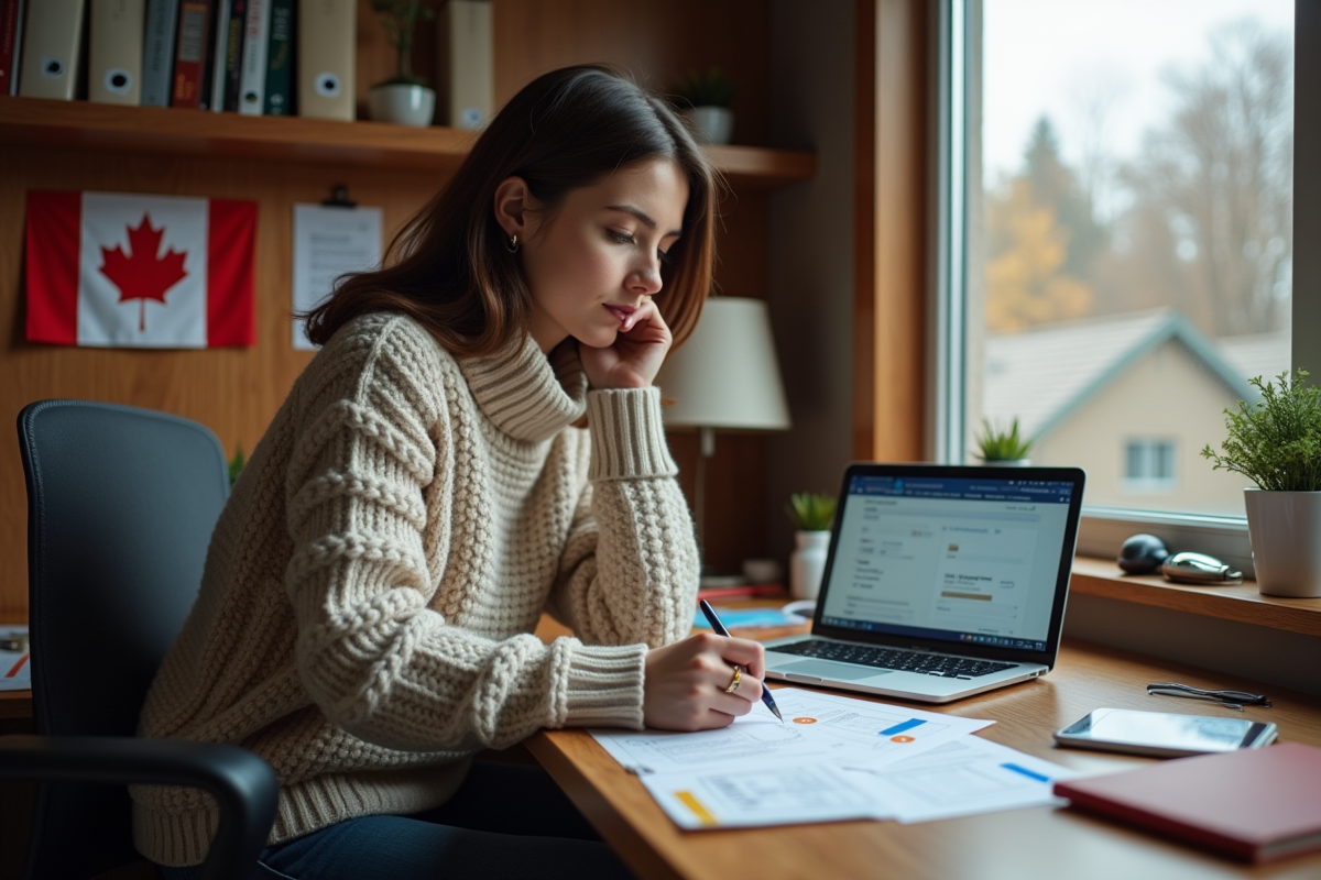 Jeune femme examinant des papiers avec un ordinateur dans un bureau à domicile