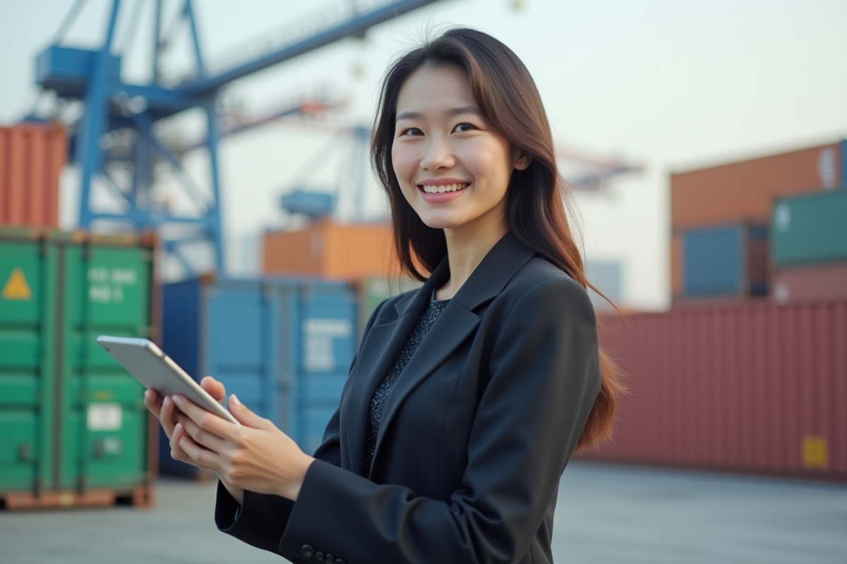 Jeune femme entrepreneure regardant un tableau dans un port de commerce