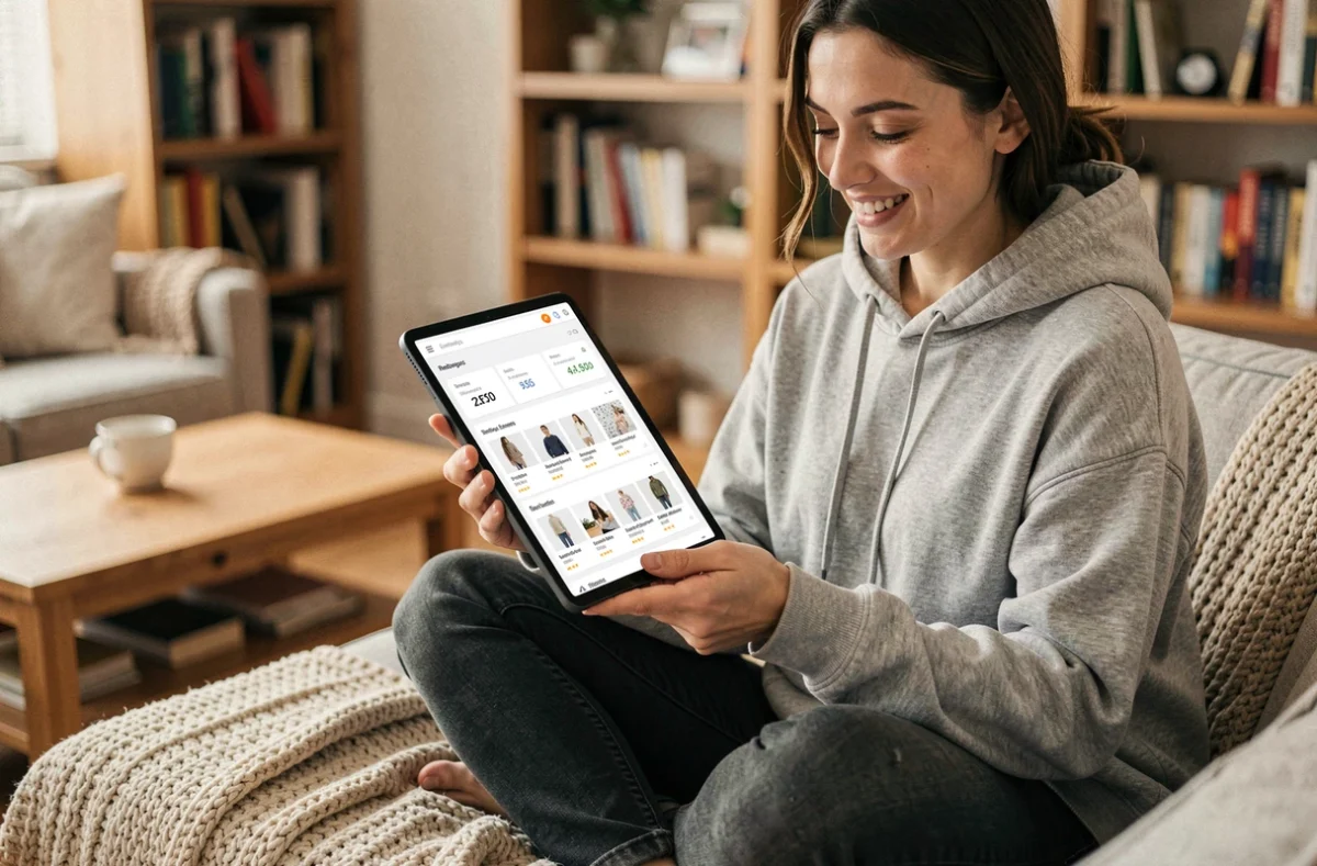 Jeune femme consultant les statistiques de sa boutique Stan.store sur tablette depuis son canapé