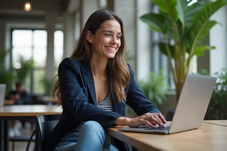 Jeune femme souriante travaillant sur son ordinateur à Station F