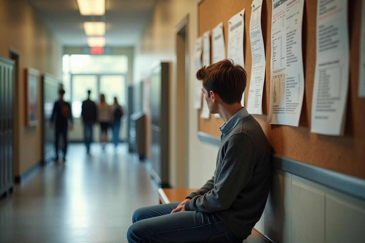 Jeune homme étudiant regardant une affiche dans un couloir