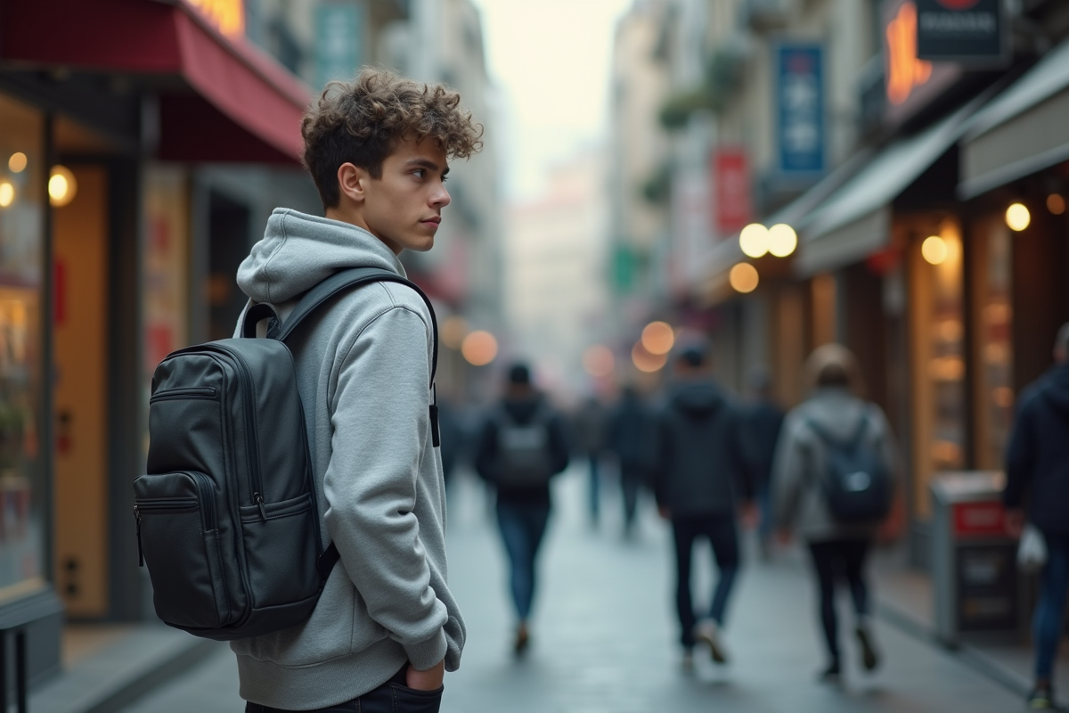 Jeune homme observant un vendeur de contrefaçons dans la rue