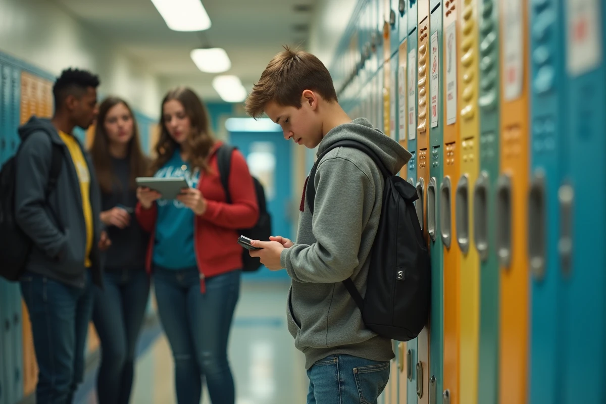 Adolescent seul dans le couloir du lycée avec amis en arrière-plan