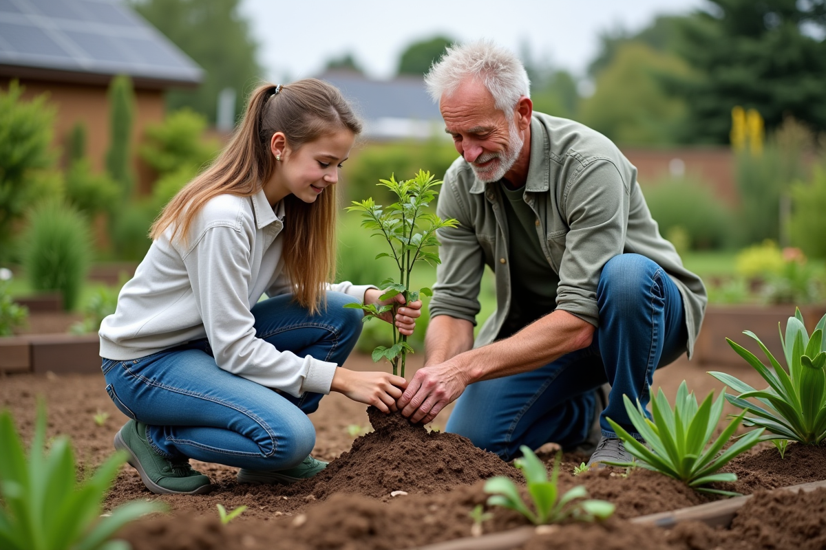 Jeune fille et homme plantant un arbre dans un jardin communautaire
