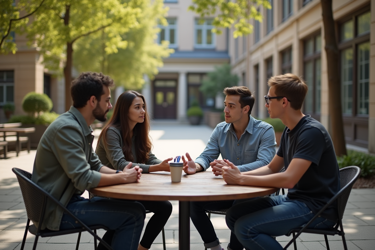 Jeunes en discussion dans une cour universitaire en plein air